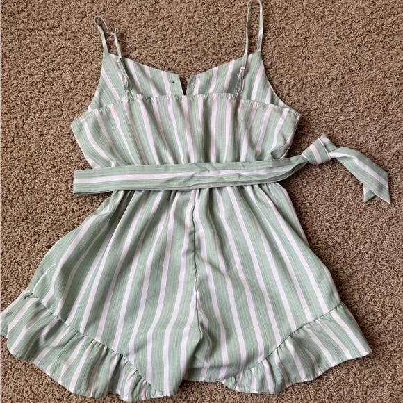 SHEIN Sage Green/White Striped Shorts Romper Button Down Removable Sash Tie - Picture 2 of 7